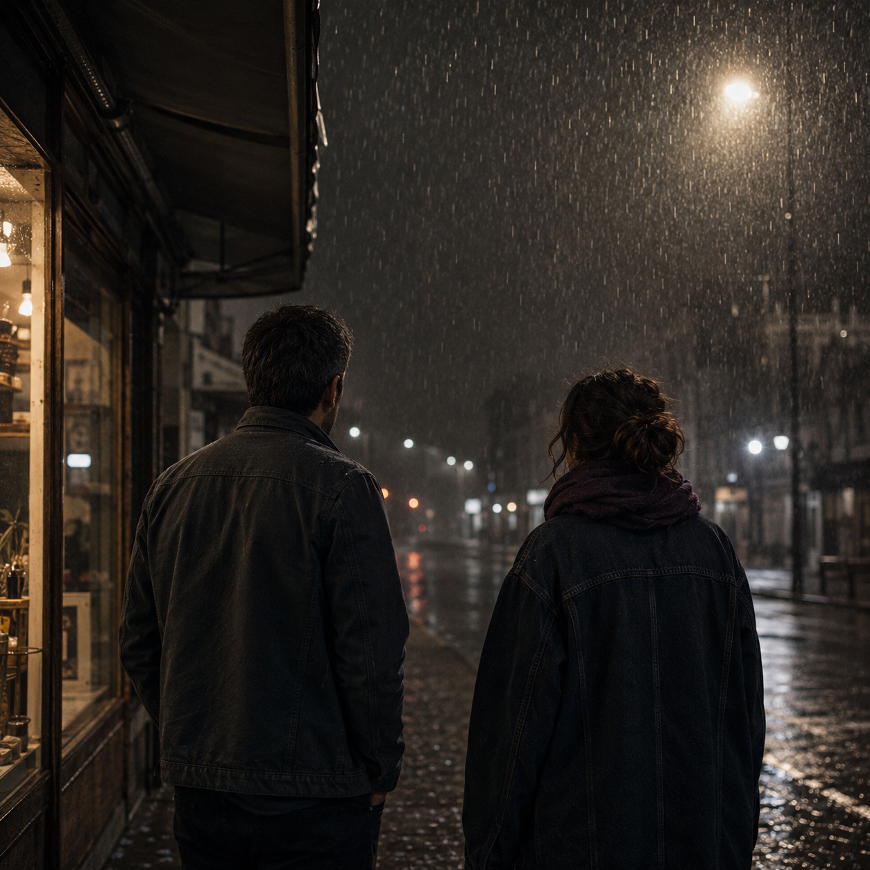 Two people standing apart under an awning in heavy rain